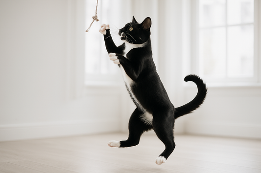 Chat qui joue avec un jouet interactif plumeau