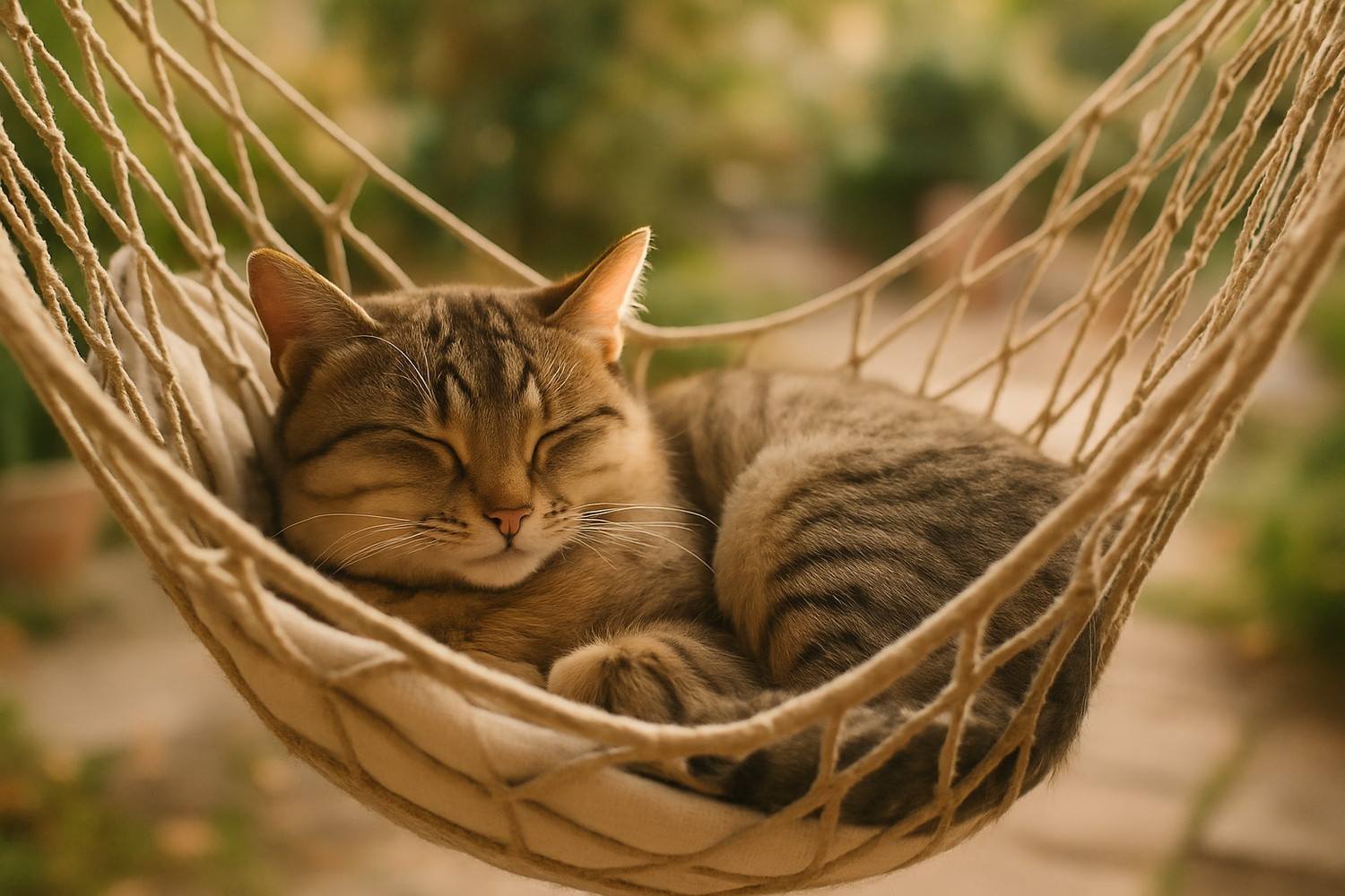 Chat tigré endormi dans un hamac en corde, symbole de confort et de détente pour animaux.