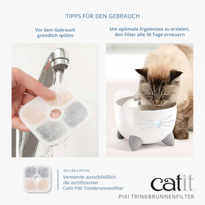 Filtre Catit PIXI rincé sous l’eau et chat buvant à la fontaine équipée du filtre
