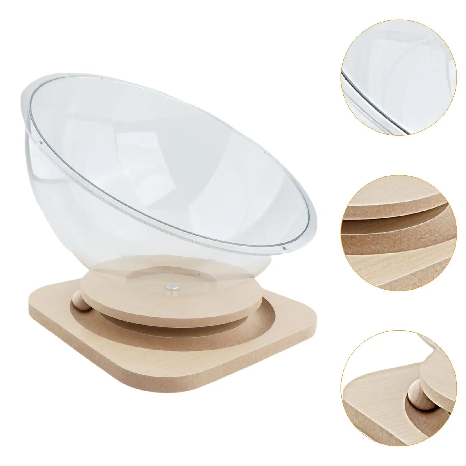 Vue rapprochée du bol transparent amovible et de la base en bois antidérapante.