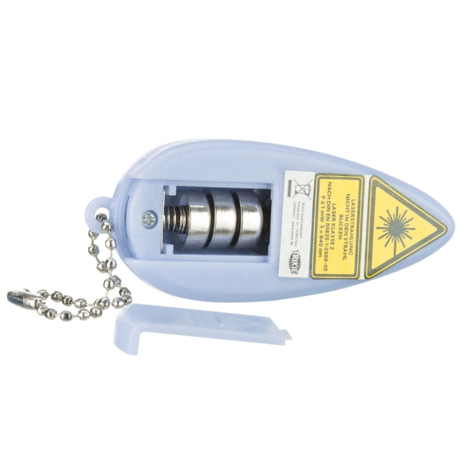 Vue du dessous du laser Trixie avec compartiment piles et étiquette sécurité