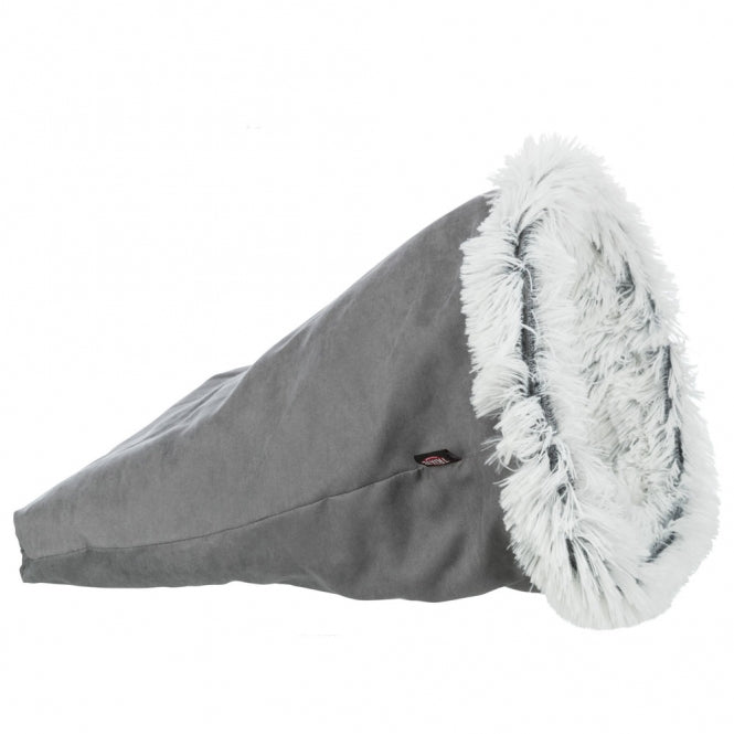 Sac de couchage Trixie Harvey gris avec entrée large cerclée de peluche blanche