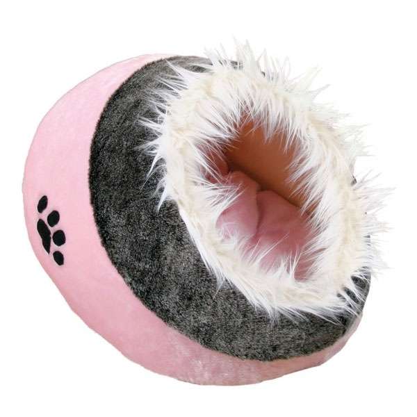 Niche pour chat Trixie Minou en softplush rose et gris avec entrée bordée de fausse fourrure