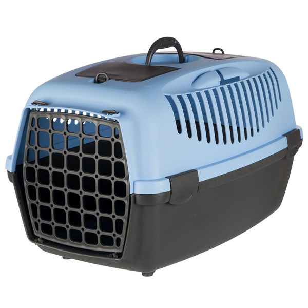 Caisse de transport Trixie Capri III en plastique bleu avec poignée, ventilation et grille avant, adaptée aux chats jusqu’à 12 kg