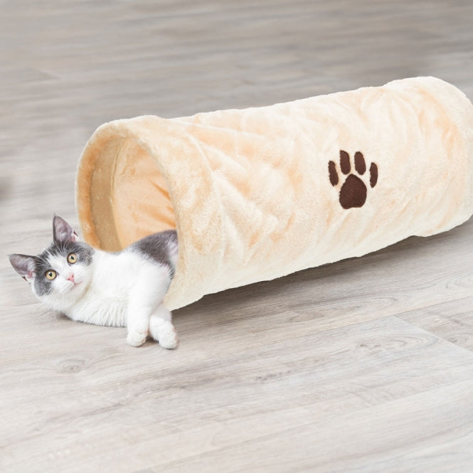 Tunnel de jeu Trixie Crunch en peluche beige avec effet crépitant pour chats, 60 cm