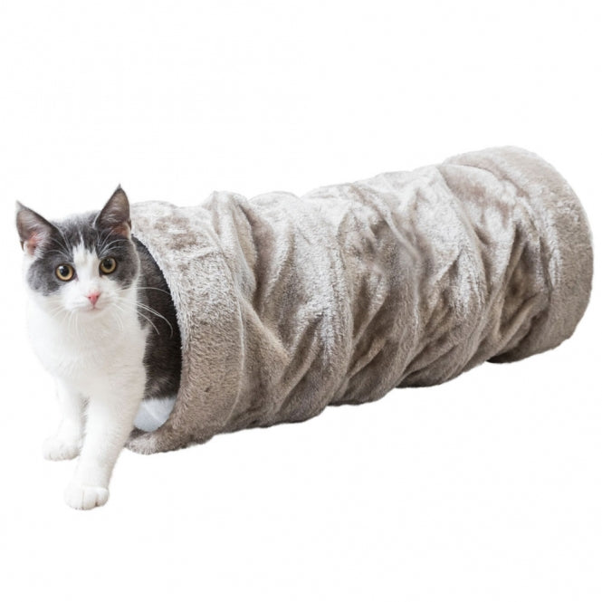 Tunnel de jeu Trixie Crunch en peluche gris avec effet crépitant pour chats, 60 cm