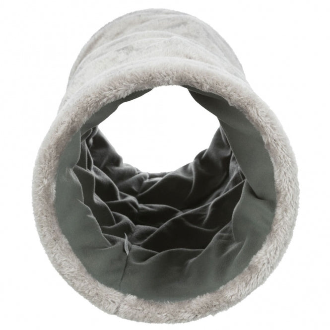 Tunnel de jeu Trixie Crunch en peluche gris avec effet crépitant pour chats, 60 cm
