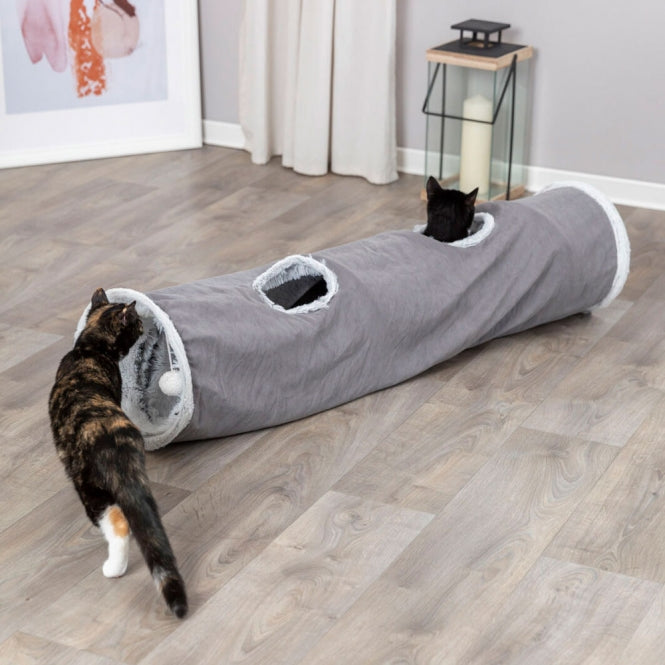 Tunnel de jeu Trixie Harvey gris avec 4 entrées et jouet suspendu pour chats
