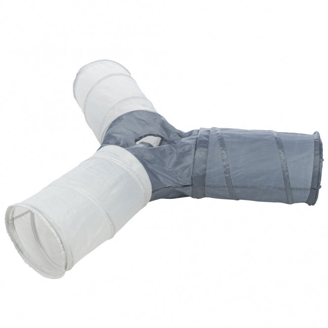 Tunnel de jeu Trixie en nylon gris pour chats avec 4 entrées, stable et pliable