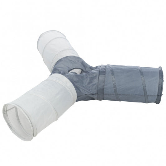 Tunnel de jeu Trixie en nylon gris pour chats avec 4 entrées, stable et pliable
