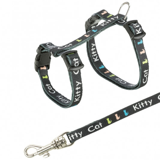 Harnais réglable Trixie noir pour chatons avec motif « Kitty Cat » et laisse de 120 cm