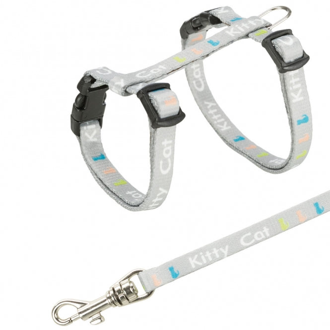Harnais réglable Trixie gris pour chatons avec motif « Kitty Cat » et laisse de 120 cm