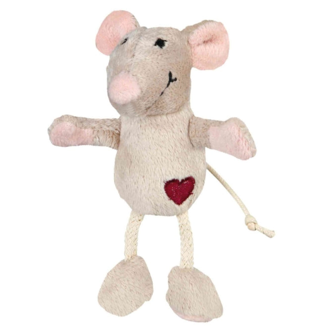Souris en peluche beige Trixie 11 cm avec cœur rouge et Catnip, jouet pour chat