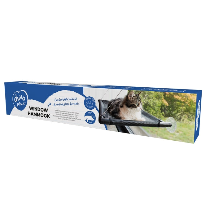 Emballage officiel du hamac de fenêtre DuvoPlus pour chats, couchage suspendu solide et confortable.