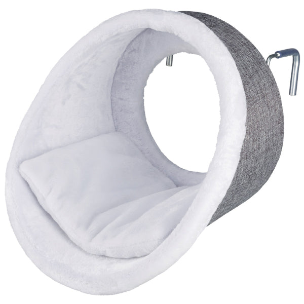 Vue latérale de la niche de radiateur grise pour chat