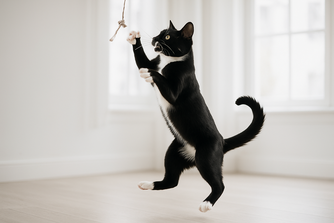 Chat qui joue avec un jouet interactif plumeau