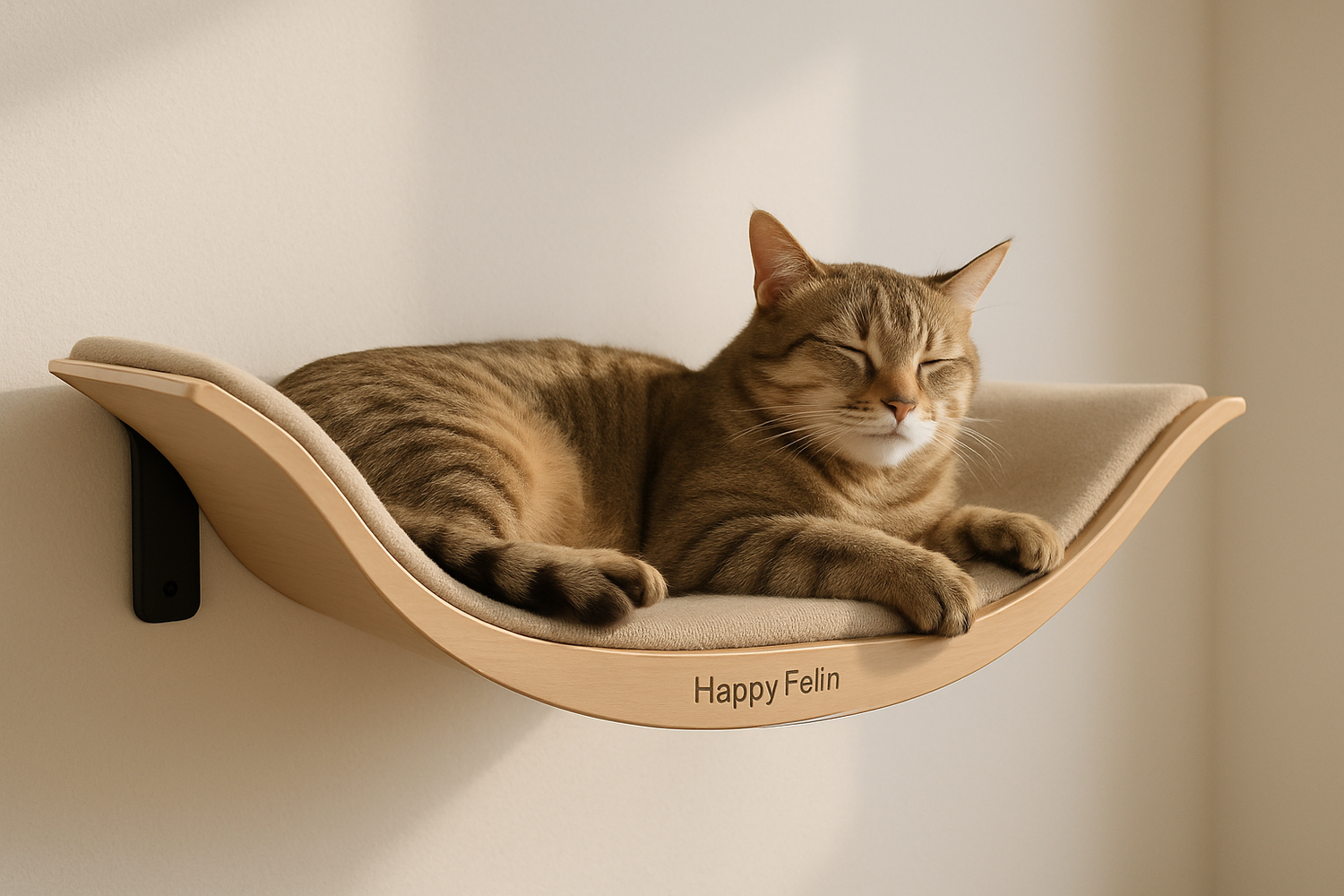 Chat allongé sur une étagère murale type hamac, idéale pour escalade et repos.