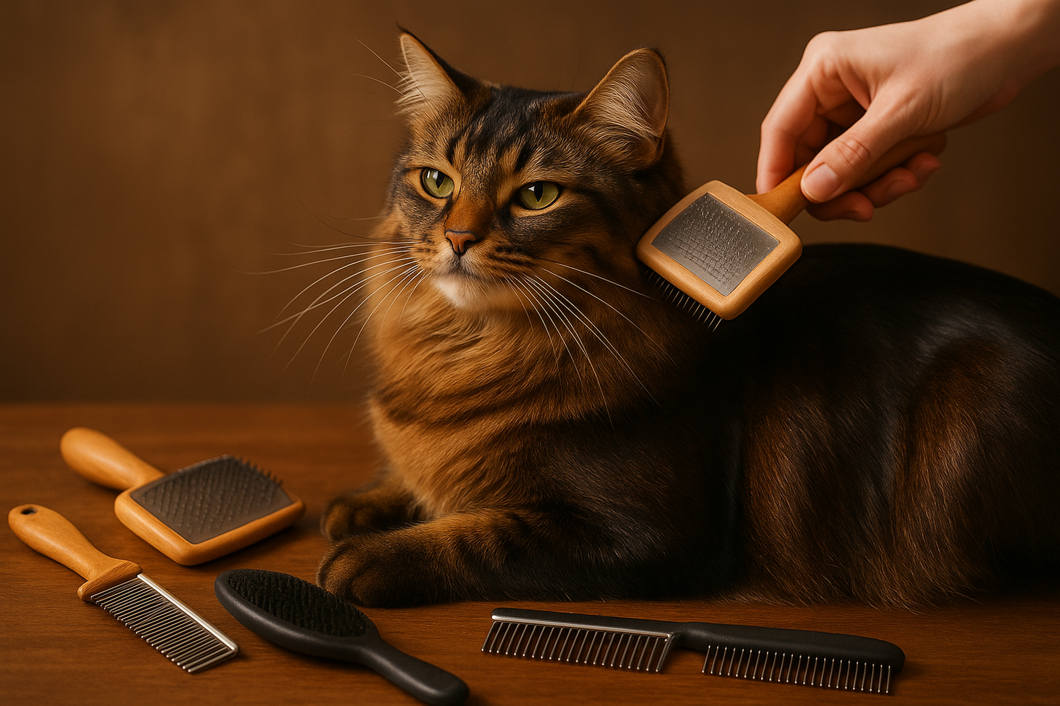 Chat au pelage brillant grâce à un soin adapté avec brosse et peigne