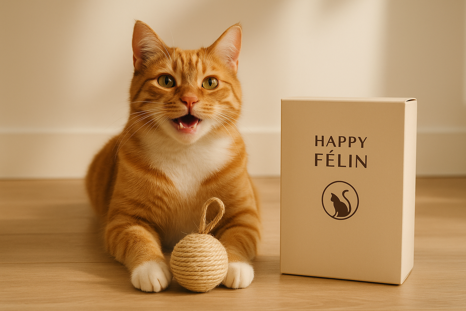 Chat avec un produit best-seller Happy Félin.