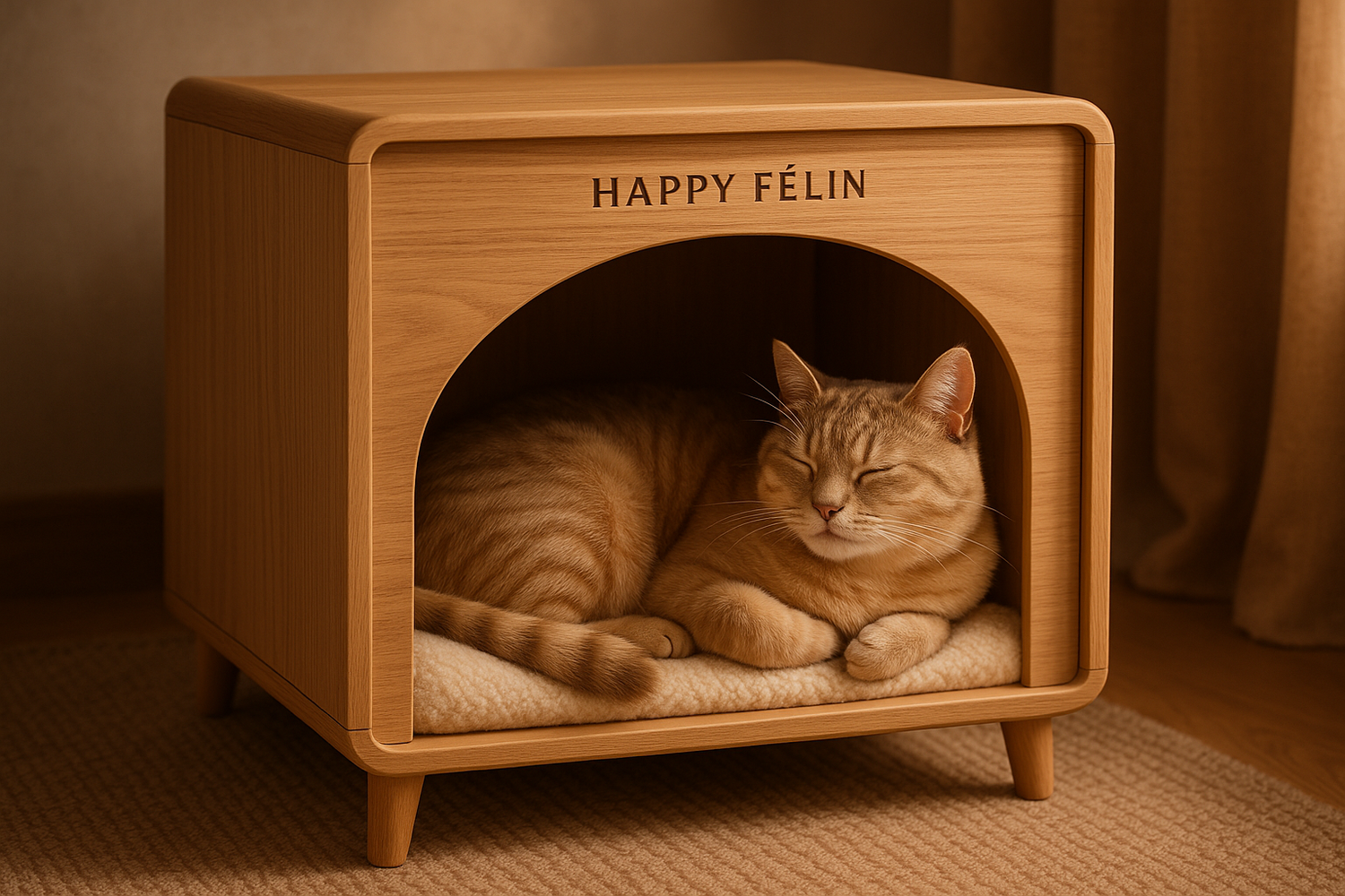 Chat confortablement installé dans une niche en tissu douce et sécurisante.