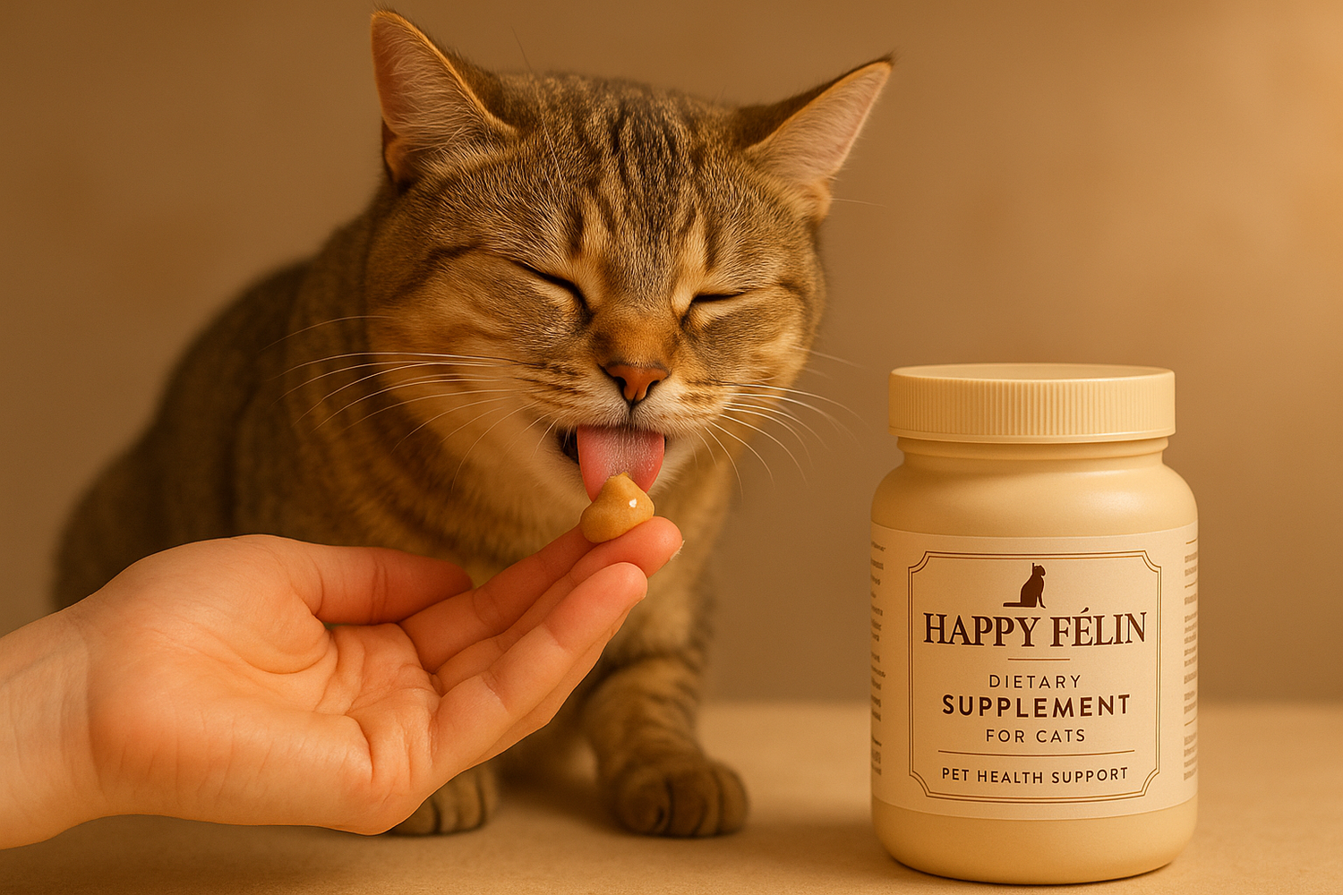 Chat à côté d’un complément alimentaire naturel pour améliorer sa santé et son bien-être.