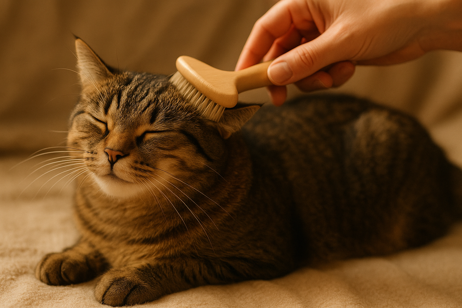Chat détendu pendant un soin avec une brosse douce pour l’entretien du pelage.