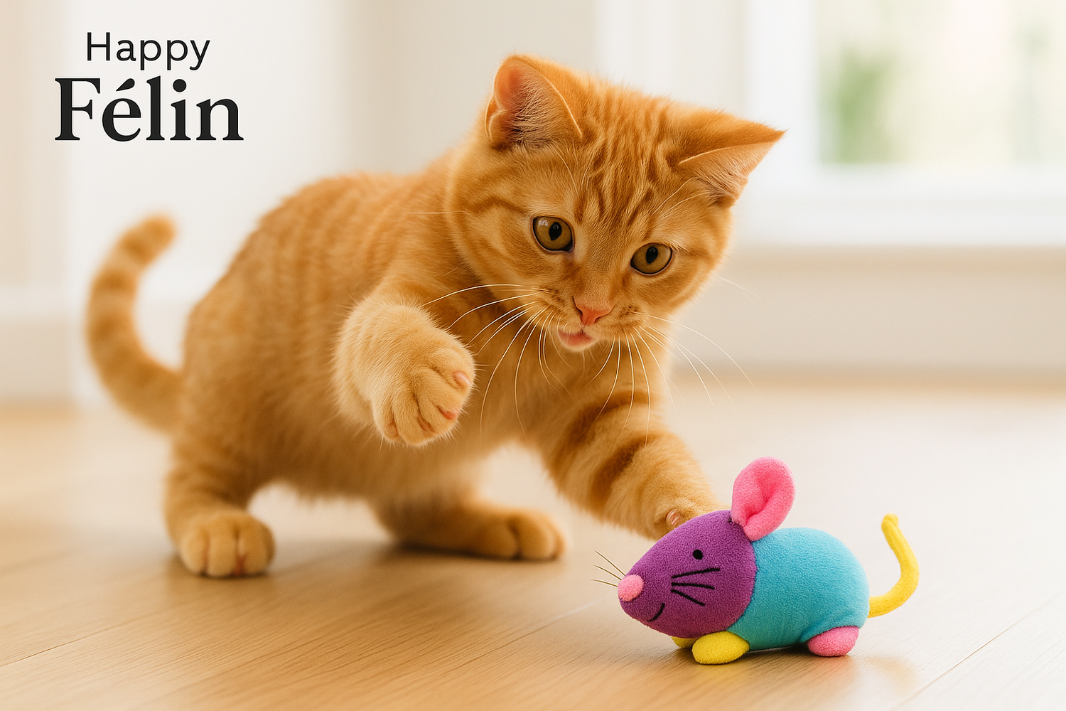 Chat jouant avec une balle interactive et une souris en peluche 