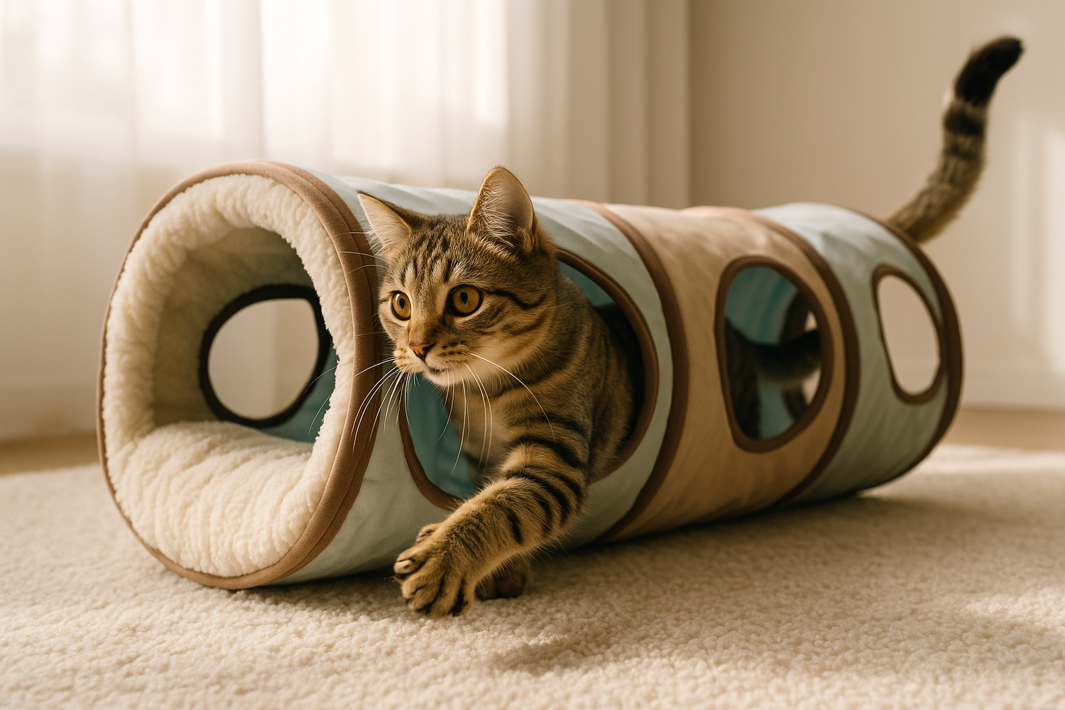 Chat jouant dans un tunnel pliable en tissu avec une cachette confortable.