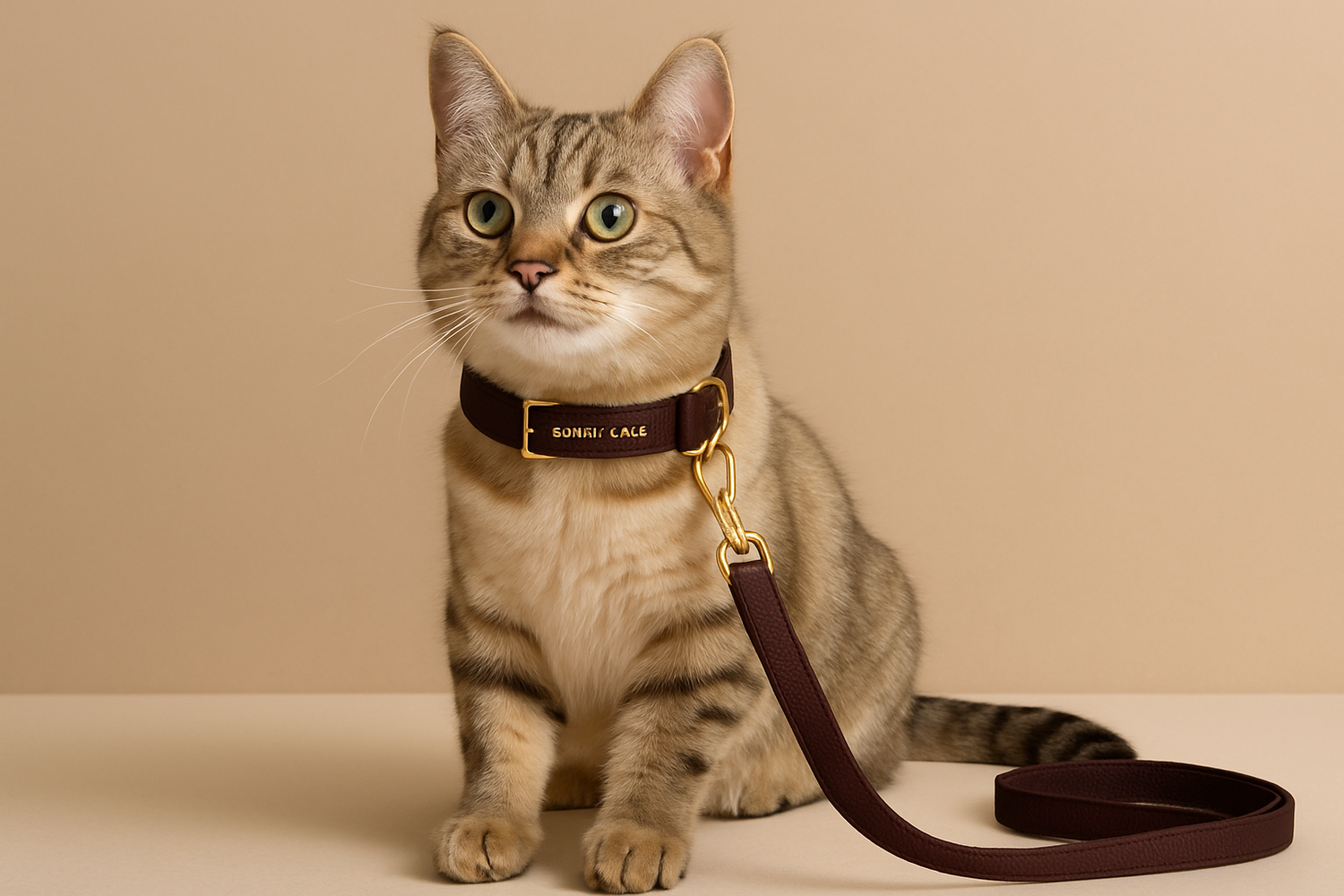 Chat portant un collier élégant et une laisse sécurisée – collection Laisse et Collier Happy Félin.