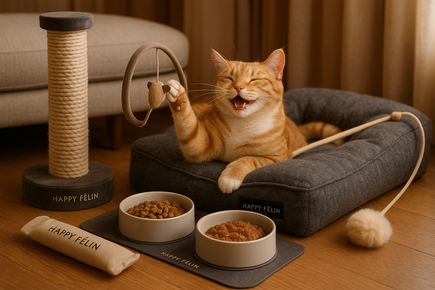Chat profitant de ses produits préférés Happy Félin.