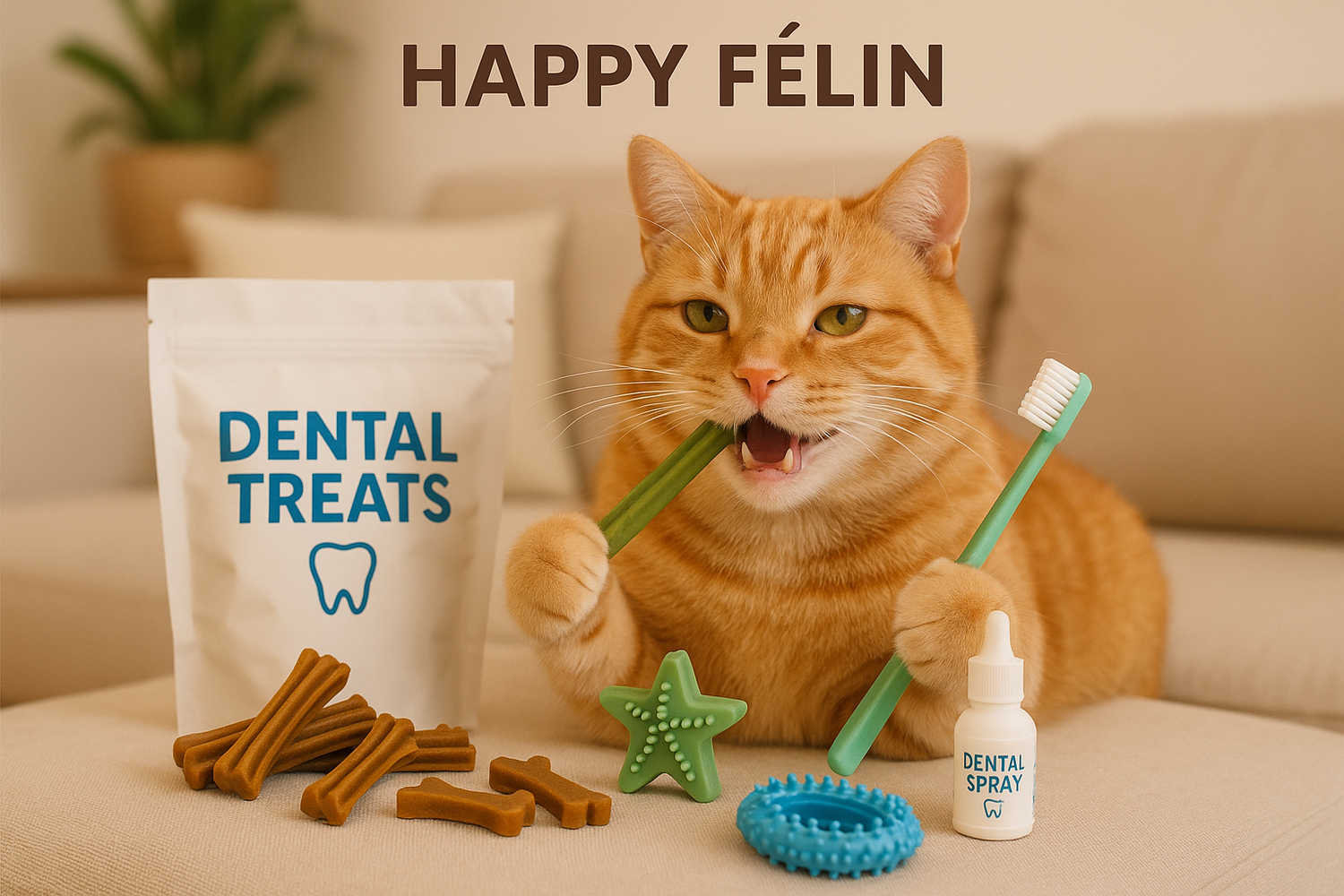 Chat qui prend soin de ses dents avec friandise ou accessoire dentaire