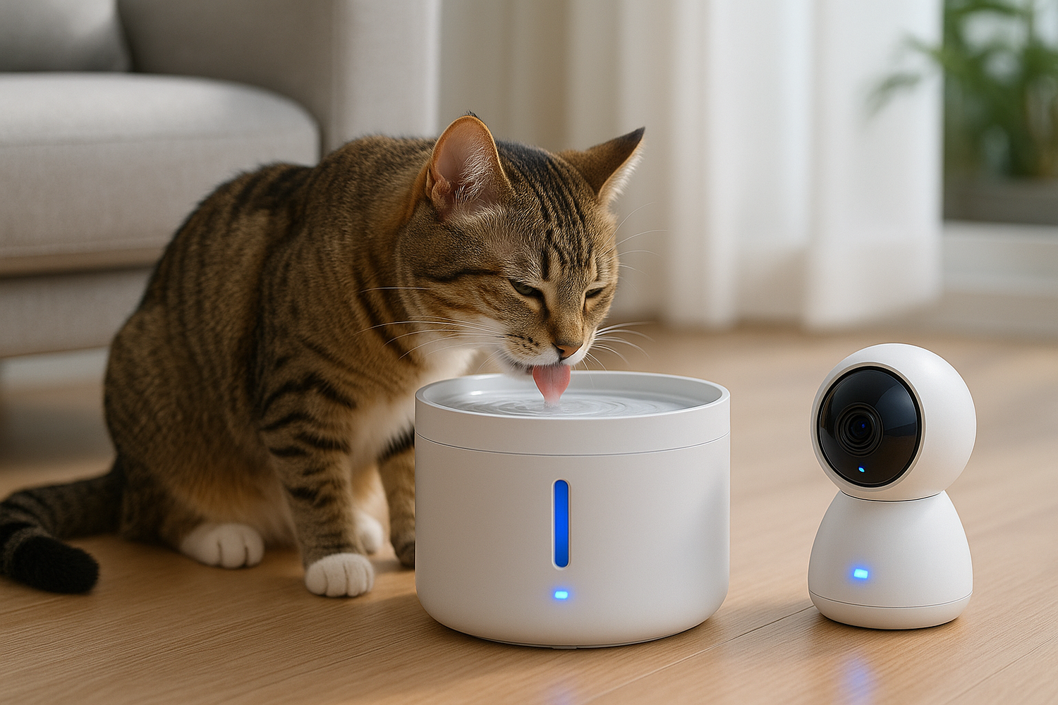 Chat utilisant des produits connectés pour animaux, comme caméra et fontaine intelligente