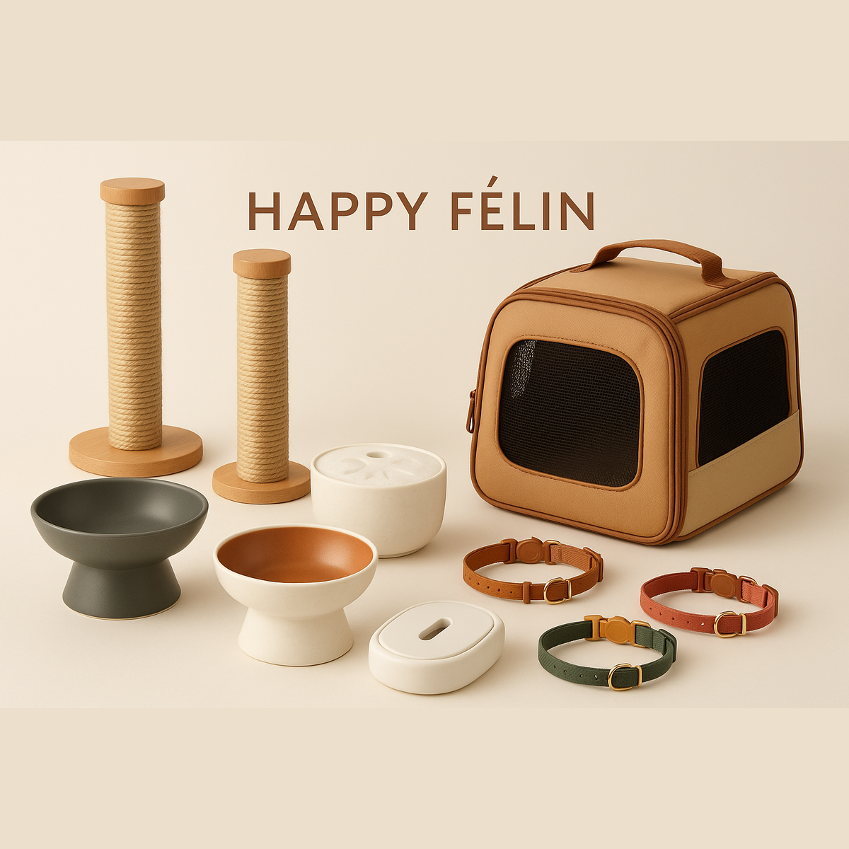 Accessoires pour chats – gamelles, griffoirs, cages, filtres et colliers Happy Félin.