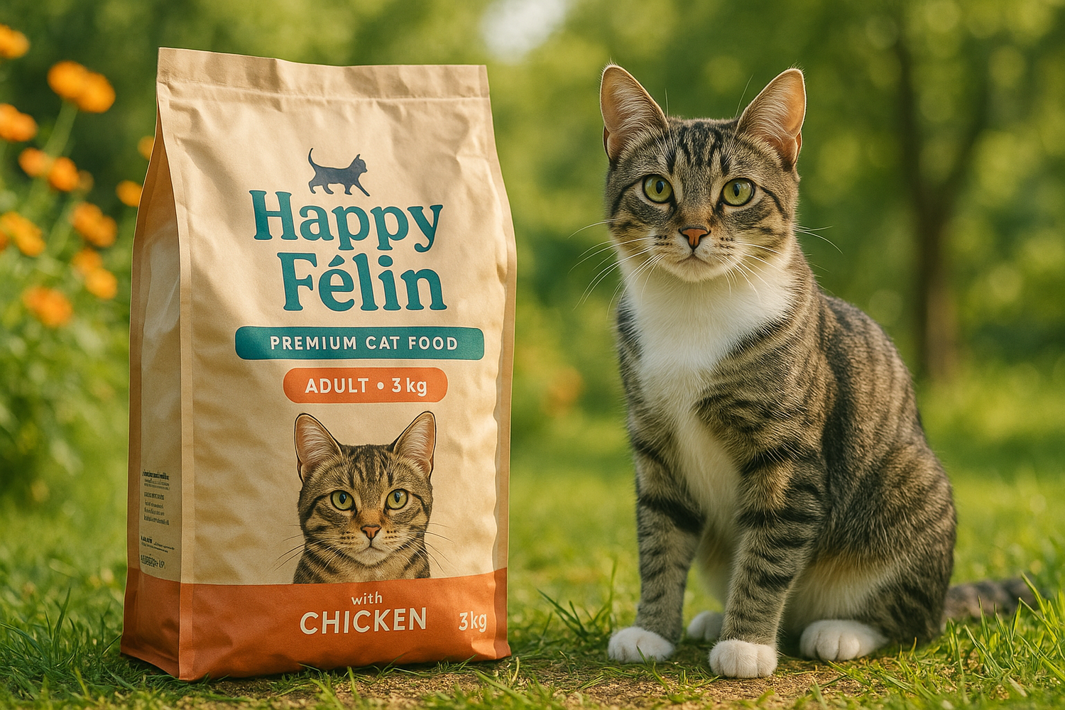 Chat avec un grand paquet de croquettes de la collection Happy Félin