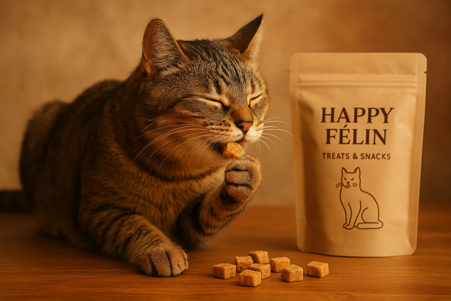 Chat dégustant une friandise croquante de la collection Friandises & Snacks Happy Félin.