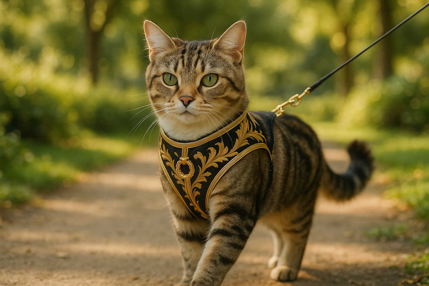 Chat portant un harnais de promenade et un manteau confortable.