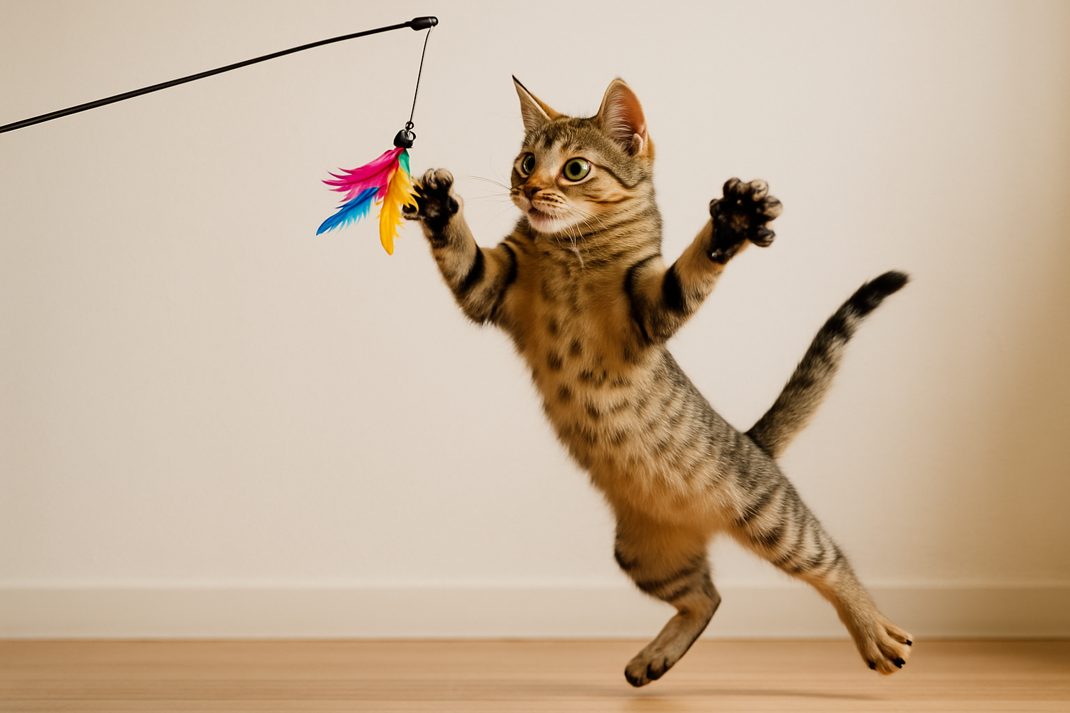 Chat jouant avec une canne à pêche interactive avec plume colorée.