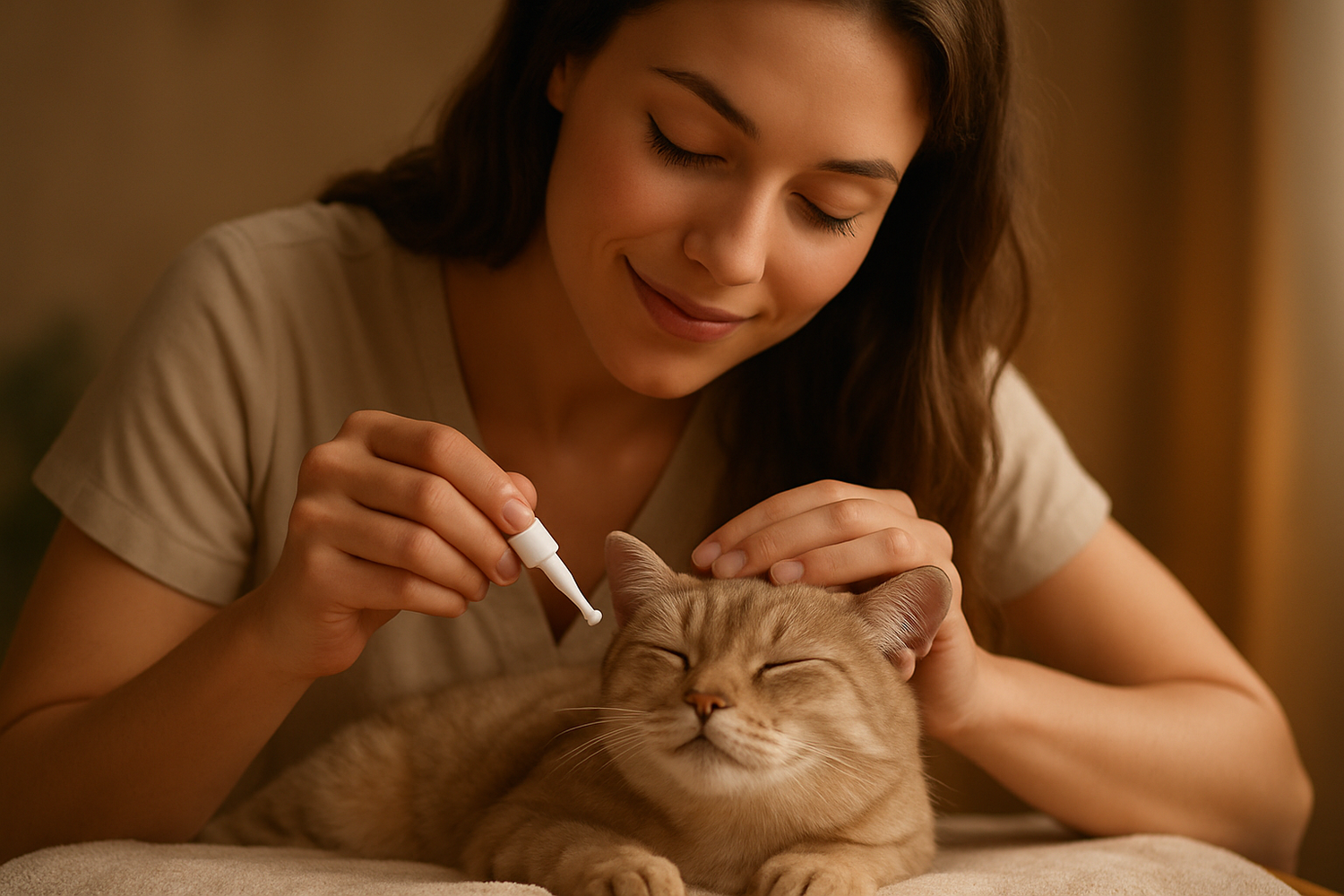 un chat détendu avec un maître qui lui administre un soin doux.