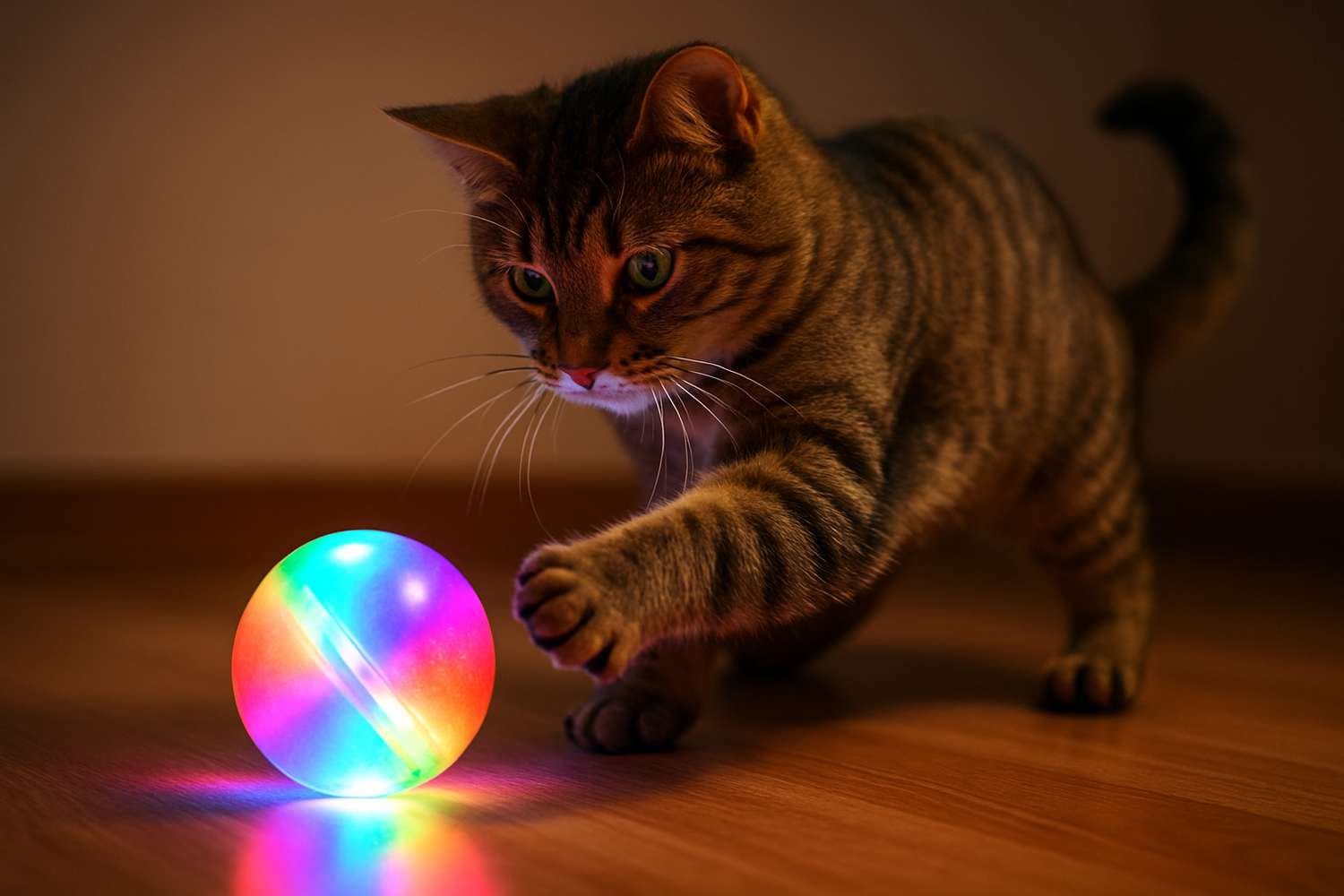 Chat jouant avec un jouet interactif lumineux stimulant son instinct naturel.