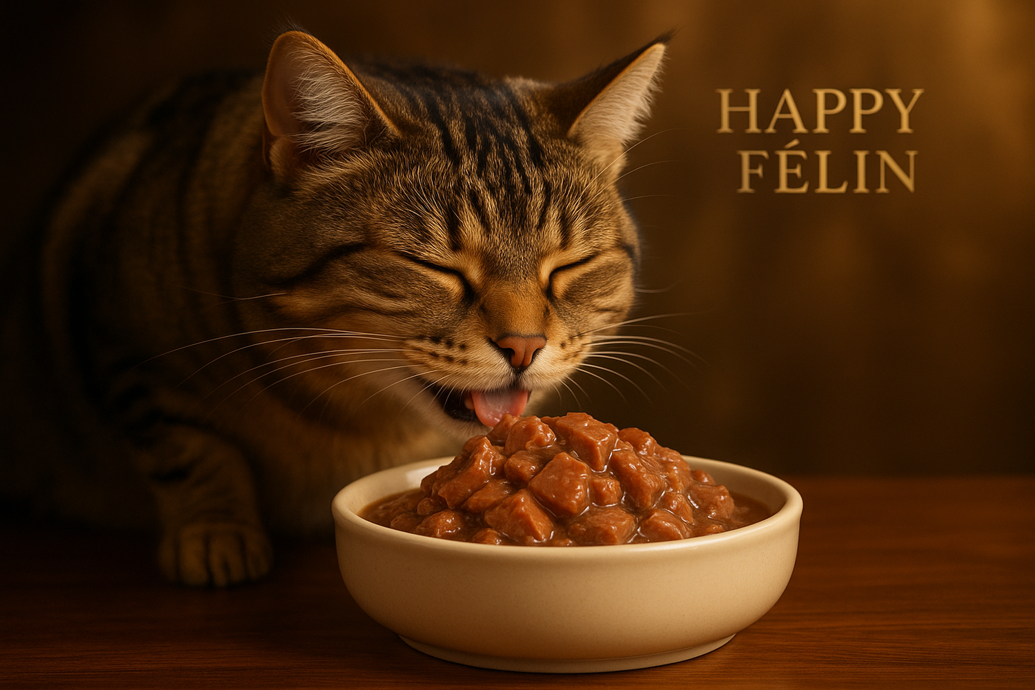 Chat savourant une pâtée humide premium de la collection Nourriture humide Happy Félin.