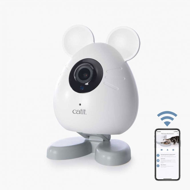 Caméra connectée pour chats Catit PIXI Smart en forme de souris, design blanc et gris.