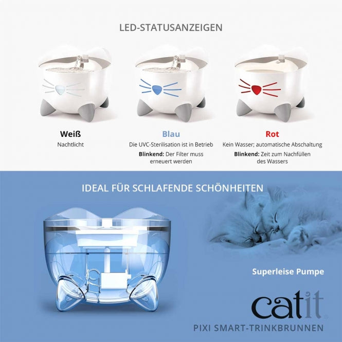 Fontaine Catit PIXI Smart avec LEDs blanche, bleue et rouge indiquant l’état de l’eau et du filtre
