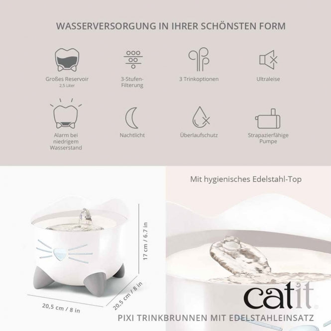 Schéma Catit PIXI 2,5 L avec pictogrammes : réservoir, filtration, LED, pompe silencieuse