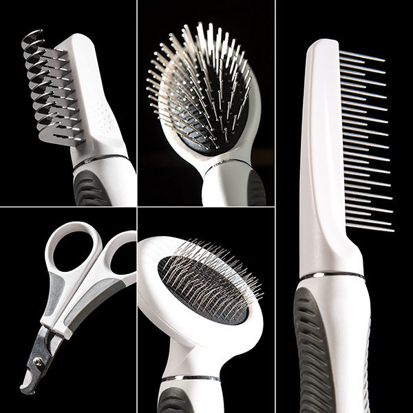 Set Catit de 5 brosses et accessoires de toilettage pour chats à poils longs, avec coffret de rangement blanc