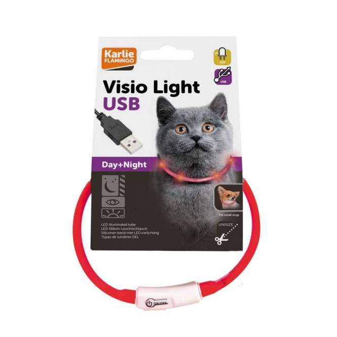 Collier lumineux pour chat Karlie, LED rechargeable USB, rouge, visible jusqu’à 500 m, modes clignotant et continu