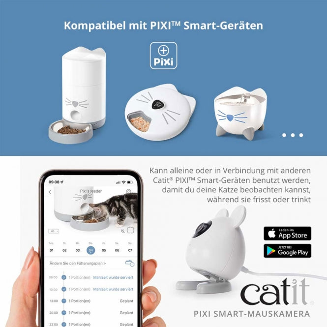 Caméra Catit PIXI utilisée avec distributeur de nourriture et fontaine connectée PIXI.