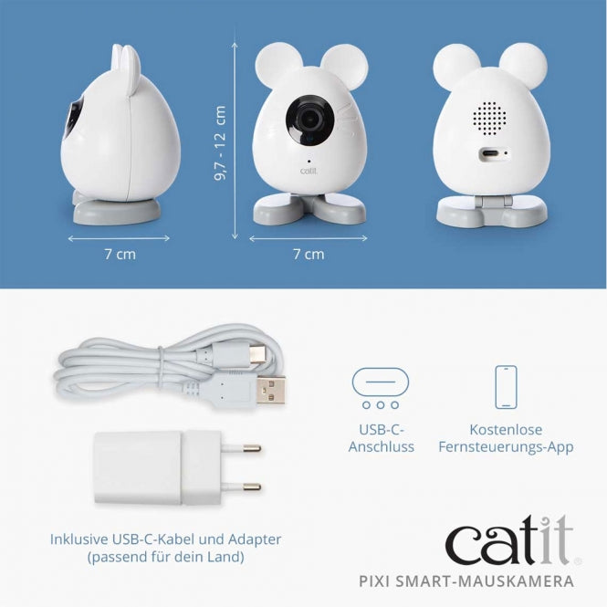 Dimensions de la caméra Catit PIXI (9,7–12 cm de hauteur), câble USB-C et adaptateur inclus.