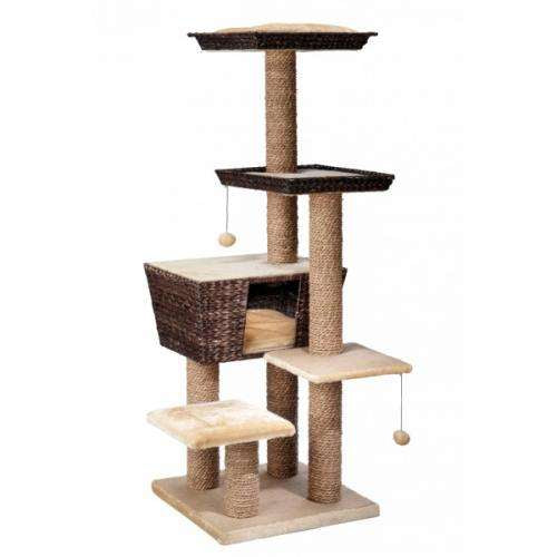 Arbre à chat EBI Curacao 141 cm avec niches en jacinthe d’eau et plateformes en peluche beige