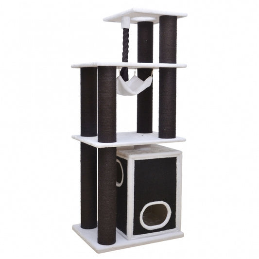 Arbre à chat EBI Swindon XXL blanc et noir, 3 étages avec maisonnette, hamac et corde
