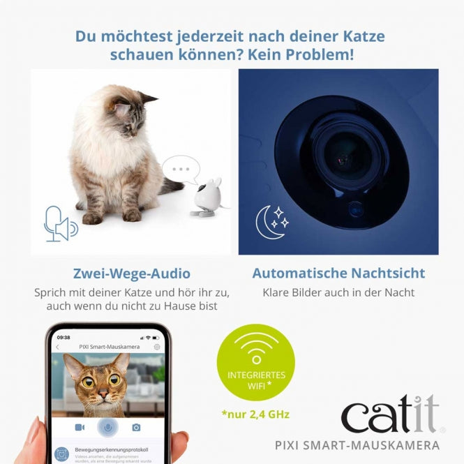 Caméra Catit PIXI avec audio bidirectionnel et vision nocturne HD pour surveiller les chats.